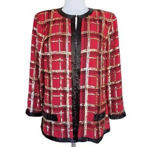 Vintage Jack Bryan Sequin Beaded Plaid Jacket Sz 14 Red Gold Black Holiday Party